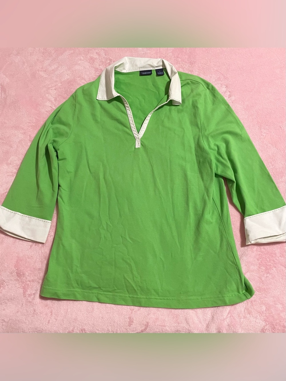 Women’s Preppy Green & White Contrast Collar V-Neck Shirt Size Large